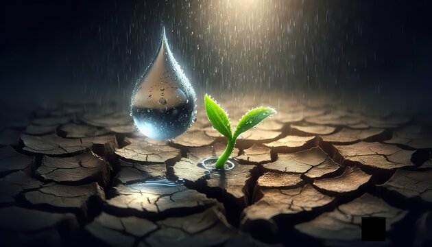 A conceptual image of a single, large raindrop falling onto a dry, cracked earth, with a tiny green sprout emerging from the moisture, Ai generated image
