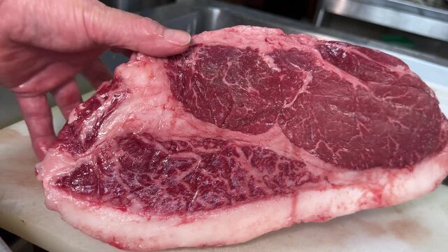 Hands turning a raw Japanese black wagyu beef block on a cutting board to show the marbling in an izakaya kitchen in Japan, close up
