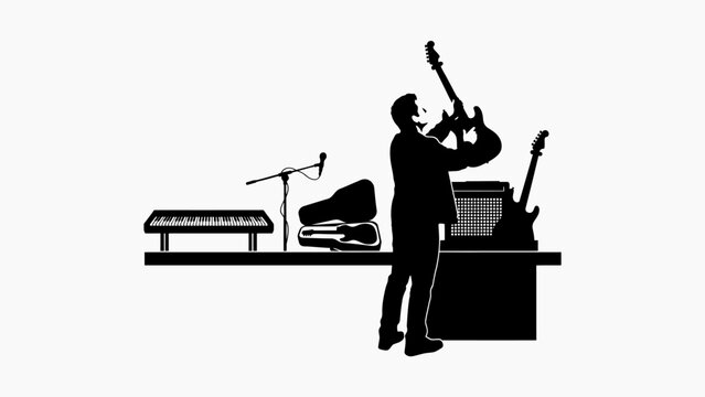 Black silhouette of a musician standing on a stage with a keyboard, guitar, amplifier, and microphone on a white background