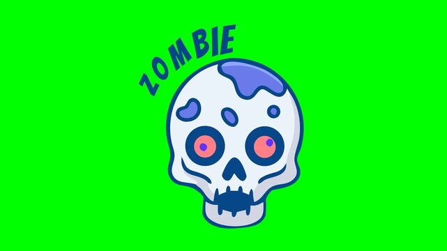 Animated zombie skull with glowing eyes on green screen background