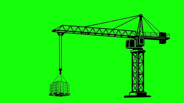 Black silhouette of a construction crane lifting a load against a green background.