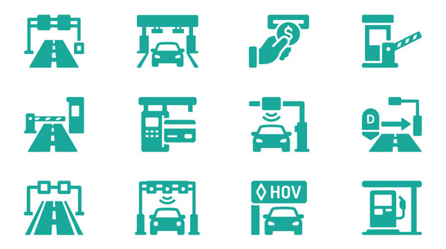 Collection of 12 green highway and toll booth icons including electronic payment, RFID sensors, HOV lanes, gas stations, and barrier gates for traffic management and road infrastructure.