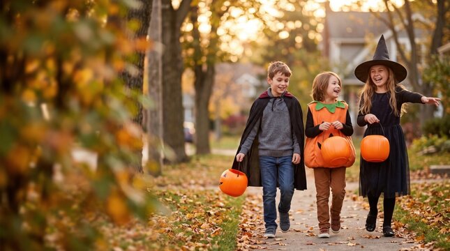 Three Happy Children in Halloween Costumes Walking Outdoors.
