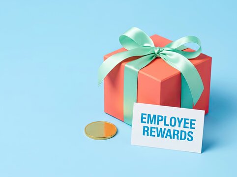 Coral gift box with gold coin and employee rewards card ideal for corporate HR content symbolizing workplace recognition and staff incentives