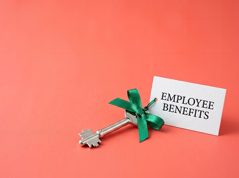 Metal key with green ribbon and Employee Benefits tag on red background suitable for HR content symbolizing reward and workplace perks
