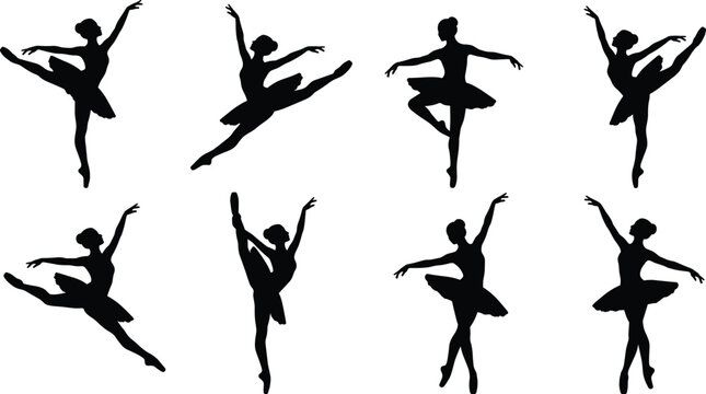 Ballerina silhouettes set, ballet dancer grace poses, jumping tutu girl, vector illustration