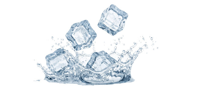 Crystal clear ice cubes falling into water splash, refreshing blue liquid droplets, frozen ice blocks with dynamic water ripples isolated PNG with Transparent Background