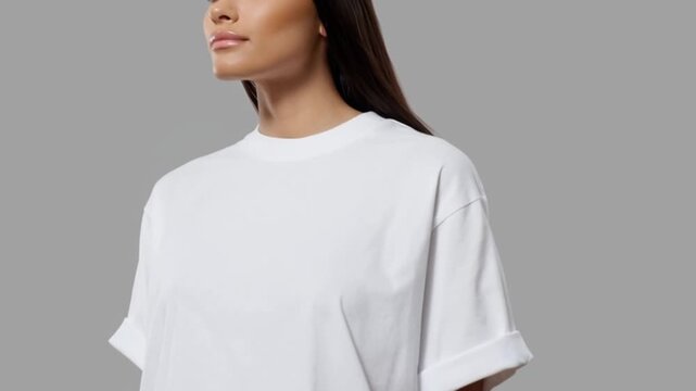 Person in a white t-shirt against a solid gray background, 4K video