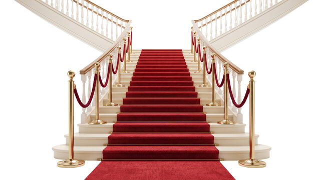 Elegant red carpet on grand white staircase, luxury entrance with gold stanchions and velvet ropes, celebrity event gala stairs