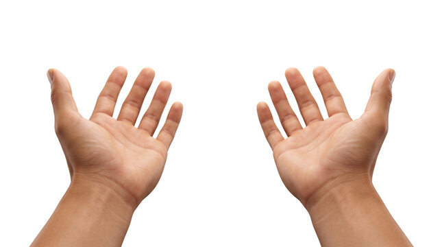 Open human hands reaching upward, palms facing up in gesture of giving or receiving, hopeful prayer and support concept isolated PNG with Transparent Background