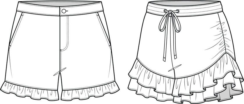 Women ruffle hem shorts technical sketch template, casual drawstring skort fashion vector mockup