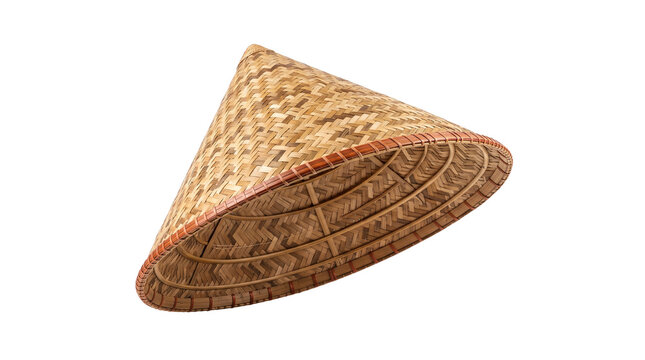 Traditional Asian conical hat, woven bamboo sun hat for farming, authentic straw coolie hat with natural texture isolated PNG with Transparent Background