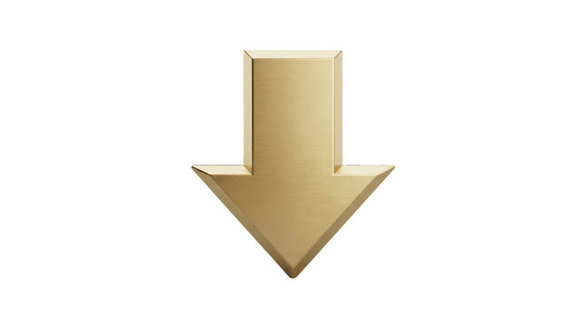 Shiny golden arrow pointing downwards is displayed against a neutral grey background in a minimalist 3D design.