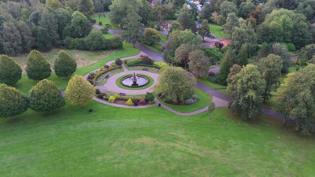 Aerial Video of Alexandra Park Ornamental Fountain and Formal Gardens in Oldham
