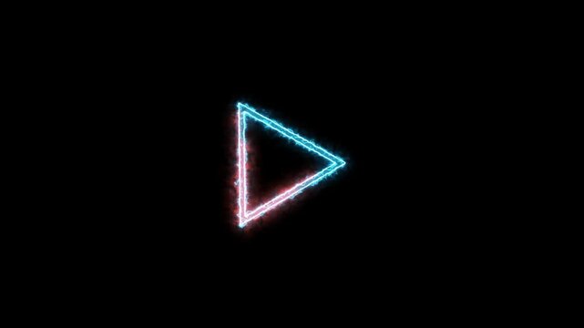Neon triangle play button glows with active electric energy sparks. Streaming media video entertainment powers the triangle play button. Interactive digital gaming graphics activate the play button.