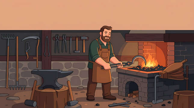 A blacksmith diligently works at his forge, hammer in hand, shaping metal with focused intensity amidst the glow of the fire and a collection of traditional tools.