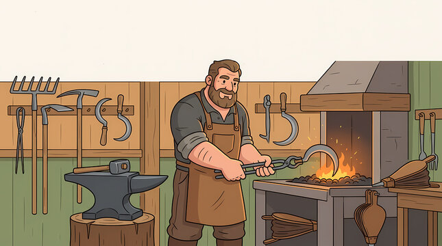A bearded blacksmith works with molten metal at his forge, surrounded by a variety of traditional tools and equipment in a rustic workshop setting.