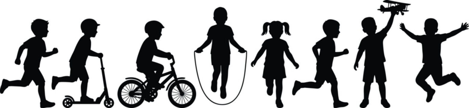 Children playing sports activities silhouette set, kids running, cycling, scooter, jump rope, plane vector