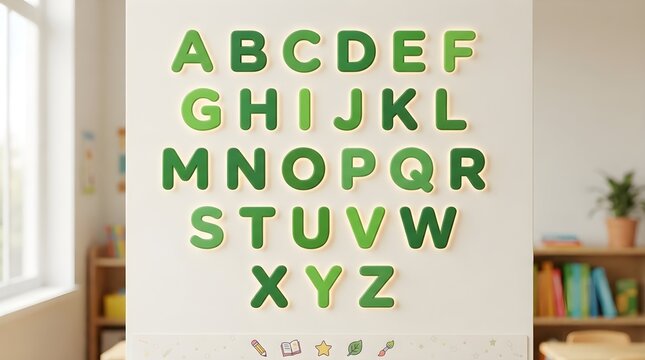 Vibrant green alphabet letters displayed clearly on a clean white classroom wall for educational purposes and early childhood literacy development