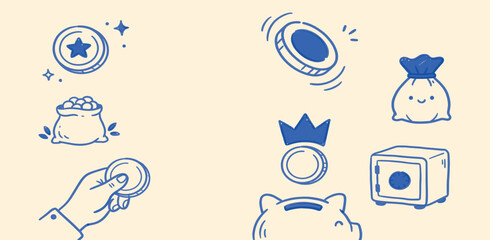 Fototapeta premium Coins icon set hand drawn doodles. Contain icons related to Coins, money, and more. Editable stroke. Vector Illustration