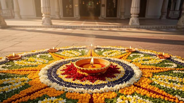 Glowing Oil Lamps On Traditional Floral Rangoli At Holy Temple Courtyard