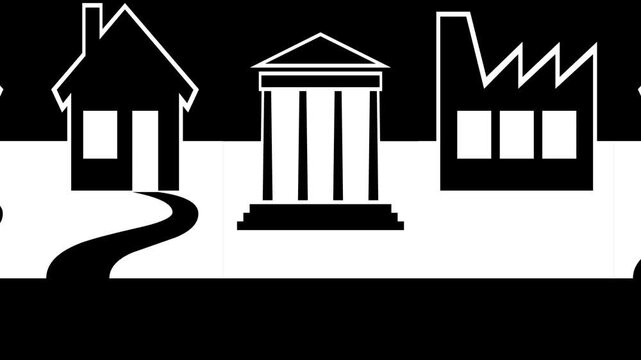 Icons of a house, bank, and factory connect along a path. Urban architecture real estate networks link to each building icon. Economic infrastructure developments join every building icon.