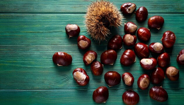 Castagne In Tazza Scura E Ricci Appena Raccolti Sparsi Su Base Rustica Di Legno Verde Vista Dall Alto