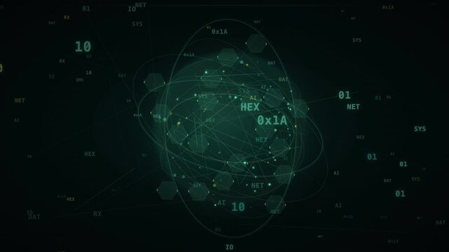 Abstract data science animation featuring orbital hex lattice and binary code in a dark digital space.