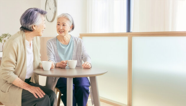 カフェで会話を楽しむシニア女性の友人同士とコミュニティ交流
