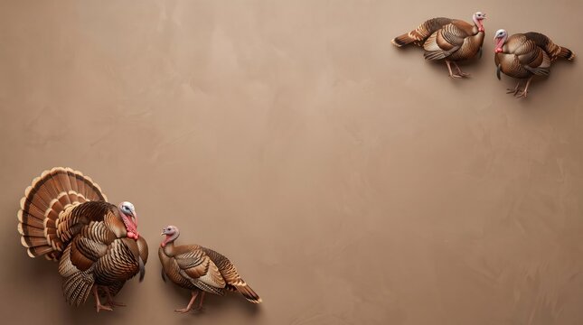 Minimalist thanksgiving background featuring decorative metallic turkey figurines arranged on a soft brown surface
