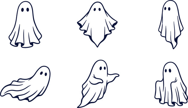 Halloween cute ghost vector illustration collection featuring spooky floating spirits and flying sheet phantoms isolated on white background