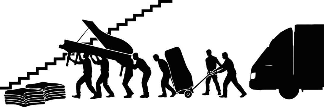 Black silhouette of workers moving a grand piano down stairs and loading it into a transport van on white background