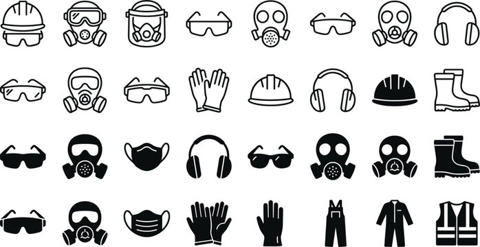 Personal protective equipment ppe line and silhouette icon set featuring safety helmet respirator goggles gloves mask earmuffs vest boots clothing