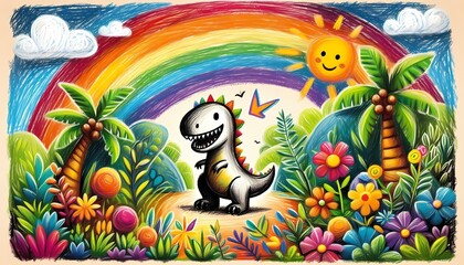 Obraz premium A vibrant, high-quality digital rendering of a childs crayon drawing, depicting a large, friendly dinosaur in a colorful jungle, with a smiling sun and rainbows, Ai generated image