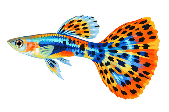 Colorful guppy fish with blue and orange tail illustration isolated