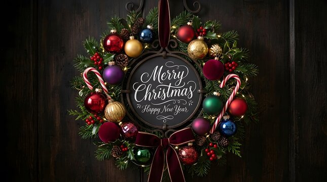 A vibrant and festive christmas wreath adorned with ornaments and seasonal decorations spreading holiday cheer