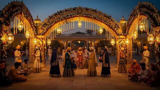 Vibrant Evening Procession Under Illuminated Floral Arches During Gurpurab Festival