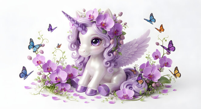 Cute 3D Chibi winged unicorn doll with metallic purple horn, lavender curly hair and large orchid crown sitting in garden isolated on light background, stock photo