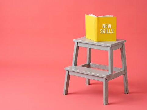 Yellow book with new skills text on a grey step stool suitable for educational content symbolizing personal development and career growth