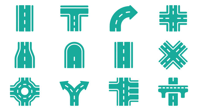 Collection of teal road map icons including straight roads, T-junctions, roundabouts, intersections, tunnels, and bridges for navigation and urban planning infographics.