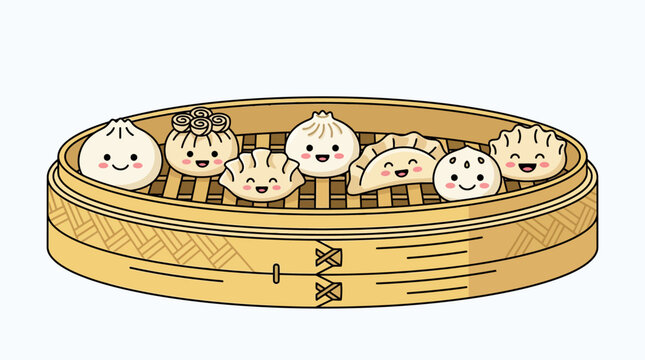 Assorted Asian dumplings and bao buns featuring cute smiling faces inside a bamboo steamer.