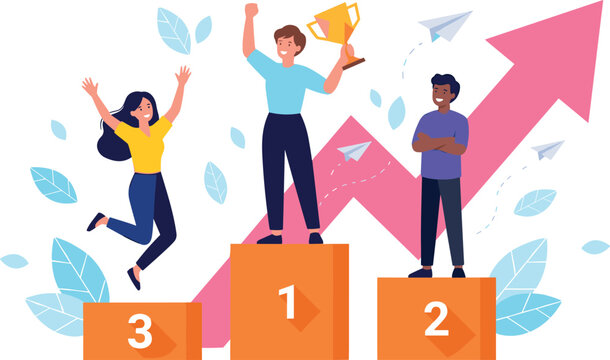 Successful Business Team Standing on Winners Podiums Celebrating Financial Growth with Gold Trophy Cup and Rising Arrow Chart Vector Illustration