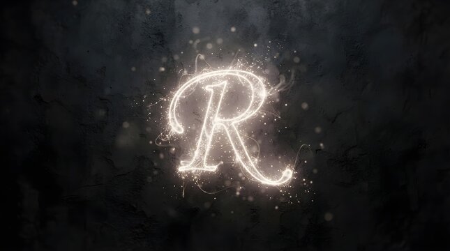 Glowing letter R rendered in bright white light with swirling particles against a textured dark concrete wall background style image