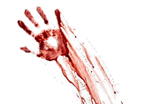 Bloody handprint with dripping streaks and splatter marks sliding down a white surface isolated as a transparent background PNG