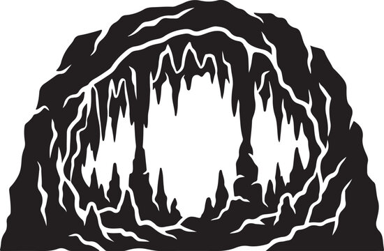 Cavern opening resembling a dark stone archway with sharp stalactites is illustrated in high-contrast monochrome.