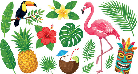 Obraz premium Tropical Summer Element Vector Set with Flamingo, Toucan, Pineapple, Tiki Mask, Coconut Cocktail, Hibiscus Flower, and Exotic Palm Leaves for Hawaiian Party Designs