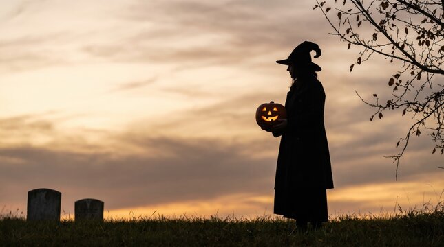 Witch Silhouette Holding Jack-o-Lantern in Spooky Graveyard at Sunset.