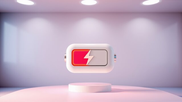 Low battery icon floats above pedestal. Minimalist studio setup, soft lighting creates dramatic effect. Simple, clean presentation.
