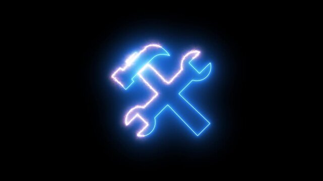 Neon hammer and wrench icon glows brightly on black backdrop. Technical repair maintenance services use the hammer and wrench icon. Industrial mechanical workshop symbols feature the tool icon.
