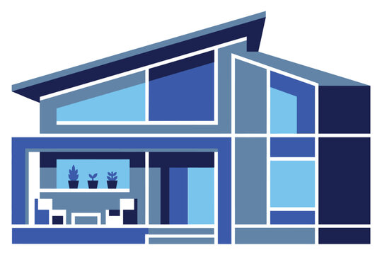 Modern modular house exterior illustration in blue tones with patio furniture and potted plants for modern living housing.